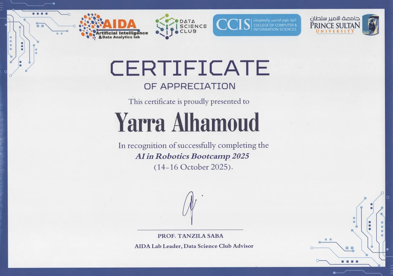 AI in Robotics Bootcamp — certificate issued to Yarra Abdulaziz Alhamoud