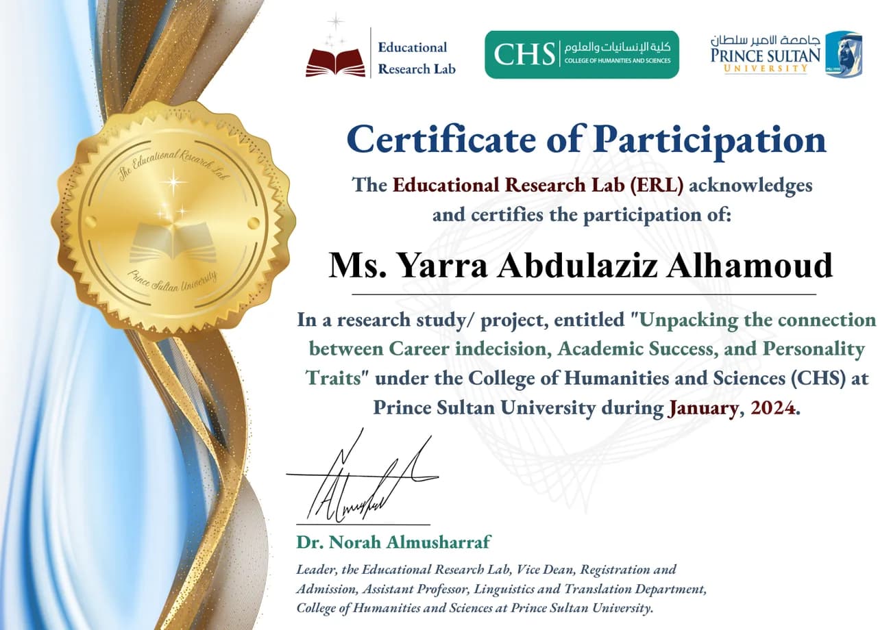 Educational Research Lab study — certificate issued to Yarra Abdulaziz Alhamoud
